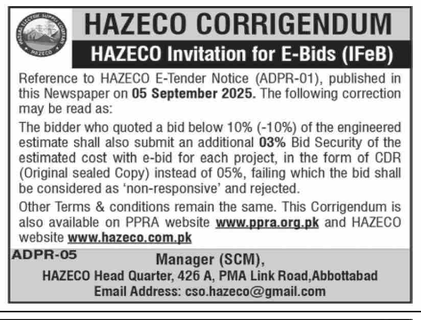 HAZECO Hazara Tender Notice